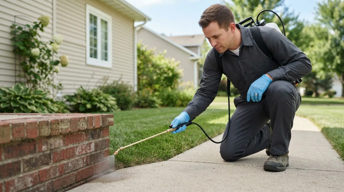 Pest control technician treating a home near Bushnell, IL