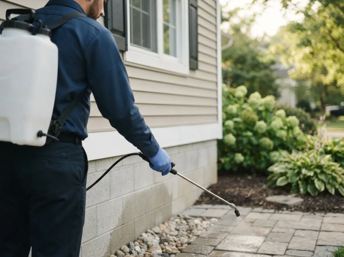 Pest control technician inspecting a home in Bushnell, IL